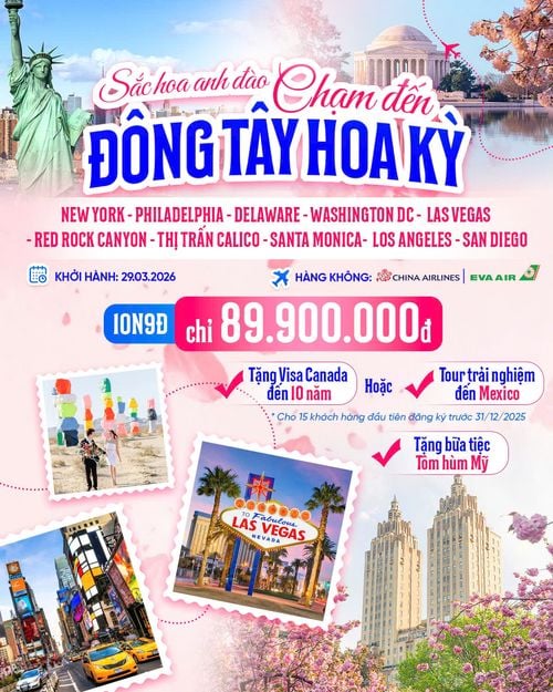 CHÀO ĐÓN MÙA HOA ANH ĐÀO LIÊN TUYẾN ĐÔNG TÂY HOA KỲ 2026: NEW YORK - PHILADELPHIA - DELAWARE - WASHINGTON DC - LAS VEGAS - RED ROCK CANYON - THỊ TRẤN CALICO - SANTA MONICA - LOS ANGELES - SAN DIEGO